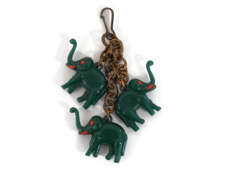 Deco Era Celluloid Elephant Charm Trio of Green Plastic Elephants