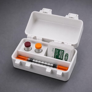 Könnte beinhalten: Ein weißer medizinischer Aufbewahrungskoffer aus Kunststoff mit zwei kleinen Glasfläschchen mit weinroten und orangefarbenen Verschlüssen, einem Stapel Curad Alkoholtupfern und einer transparenten Kunststoffspritze mit orangefarbenem Kolben.