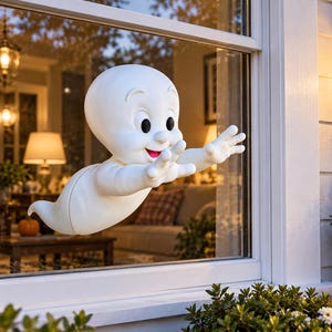 May include: A white, cartoon-style ghost decoration with a rounded head, large black eyes, and a smiling mouth, positioned as if emerging through a window pane. The figure has outstretched arms and a tapered, flowing body shape in a matte finish.
