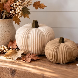 Peut inclure: Deux citrouilles en tissu côtelé, une crème et une beige, chacune surmontée d'une tige vert foncé. Les citrouilles sont disposées à côté d'un pichet en céramique mouchetée rempli de feuilles d'automne séchées et de baies blanches.