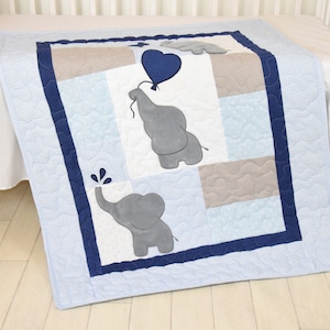 Baby  Boy Quilt,  Elephant Blanket, Blue Gray Navy  Crib Bedding, Safari Nursery