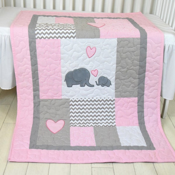 Rosa BabyDecke Elefant Krippe Quilt, Mädchen Bettwäsche, Patchwork Bespread