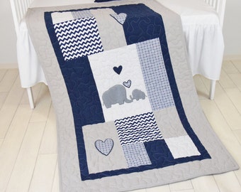 Elephant Baby Blanket, Blue Gray Navy Quilt,  Crib Bedding, Chevron  Elephant Blanket, Grey Safari Nursery