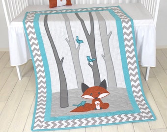 Fox Blanket, Teal Chevron Gray Nursery, Baby Boy Quilt, Woodland Crib Bedding, Forest Blanket,  Custom Made