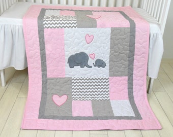 Pink Baby Blanket  Elephant  Crib Quilt, Girl Bedding, Patchwork Bespread