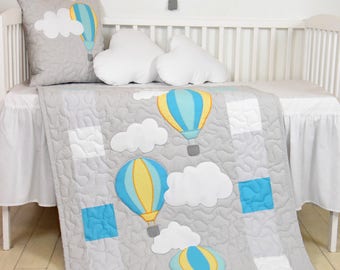 Baby quilt, unisex blanket, fly away, clouds hot air balloons, modern nursery  decor, shower gift idea