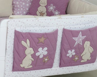 Bunny organizer, Kids room organization, rabbit wall hanging, quilted nursery decoration, childs bedroom organizer, white dusty rose