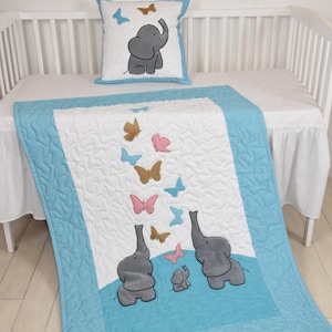 Butterfly Baby Blanket, Turquoise Blue, Gold, Salmon Pink Crib Bedding, Elephant Quilt, Safari Nursery