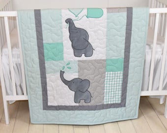 Baby Quilt,  Elephant Blanket, Mint Green, Gray Crib Bedding, Safari Nursery