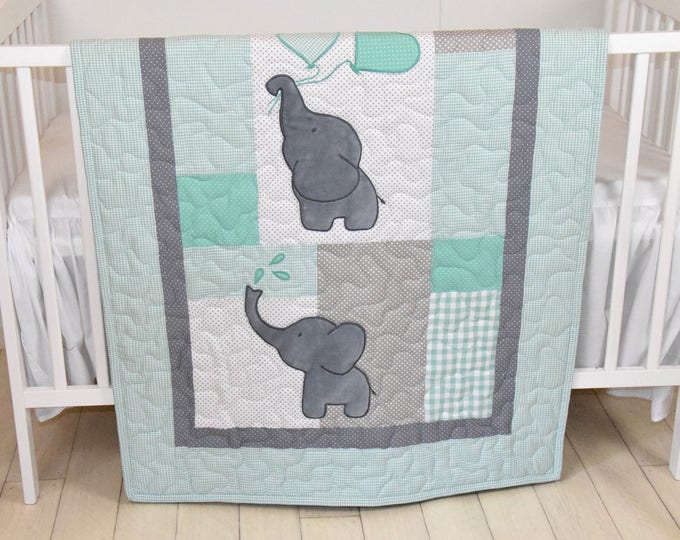 Baby Quilt Elephant Blanket Mint Green Gray Crib Bedding Etsy