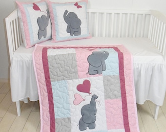 Pink Baby Quilt,  Elephant Blanket, Pink Gray Blue Crib Bedding, Safari Nursery