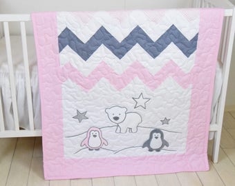 Penguin Crib Quilt, Pink Gray Handmade Crib Quilt for Baby Girl