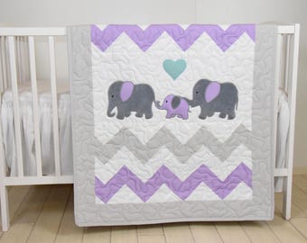 Elephant Family Baby Quilt, Chevron Gray Purple Toddler Blanket, Handmade Crib Bedding for Baby Boy or Baby Girl