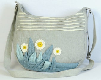 Gray, mint  shoulder bag,  flowery bag, handcrafted Bag,  Big Bag, style Bag, fashion Bag,  accessory bag, unique,  handmade quilting bag