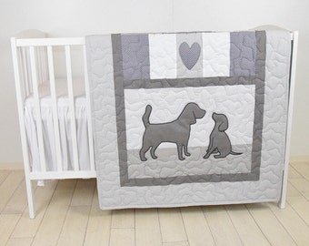 Baby Boy Blanket, Labrador Quilt, Dog Nursery Blanket, Chevron Kids Quilt,  Gray  Bedding,  Chevron Blanket, Custom Made