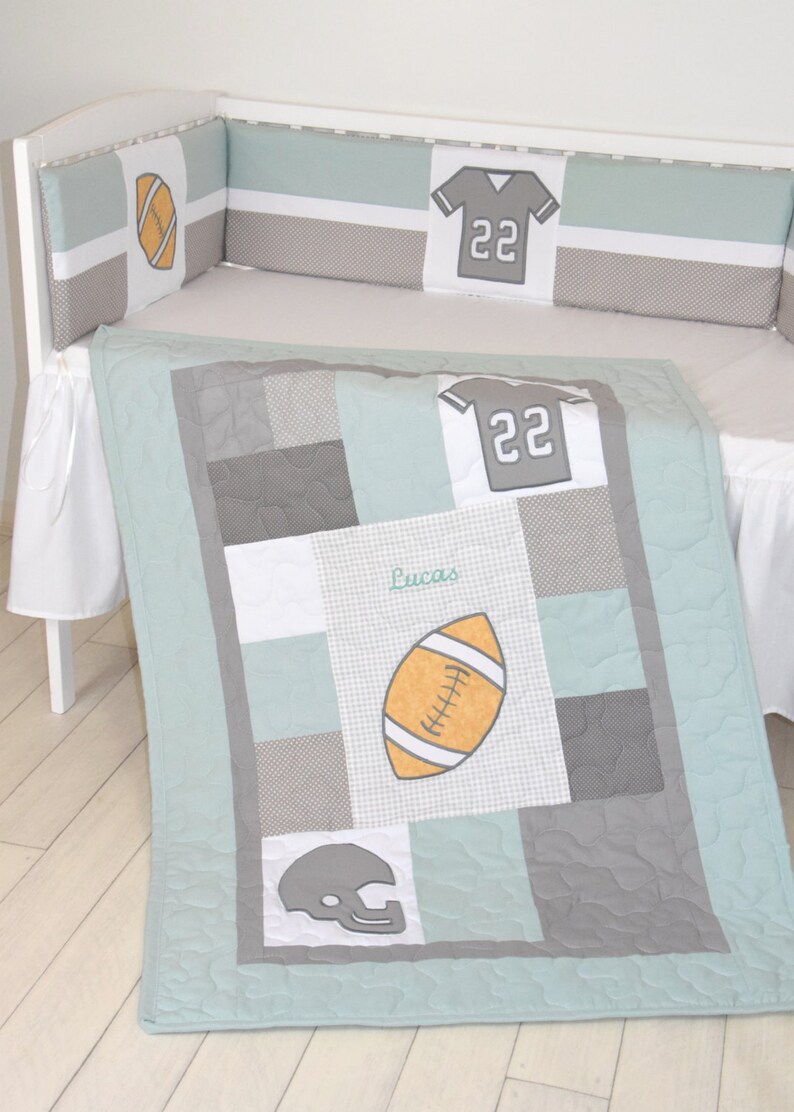 Football Blanket Baby Boy Sports Crib Bedding Gray Mint Etsy