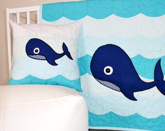 Nautical Nursery Bedding - Whale Crib Quilt, Childrens Room Blanket Nautical Room Decor, Ocean Bedspread for Kids Room, Blue Baby Fish