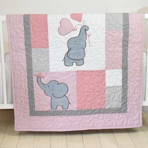 Baby  Quilt,  Elephant Blanket, Magenta Gray  Crib Bedding, Safari Nursery