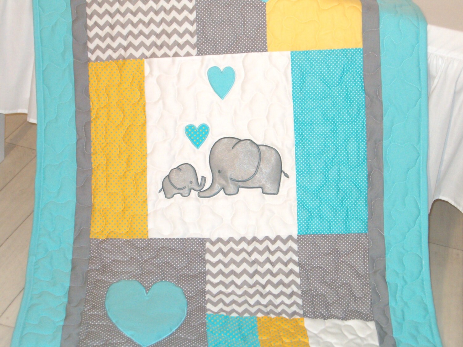 Elephant Blanket Elephant Quilt Blanket Aqua Gray Chevron Etsy Canada