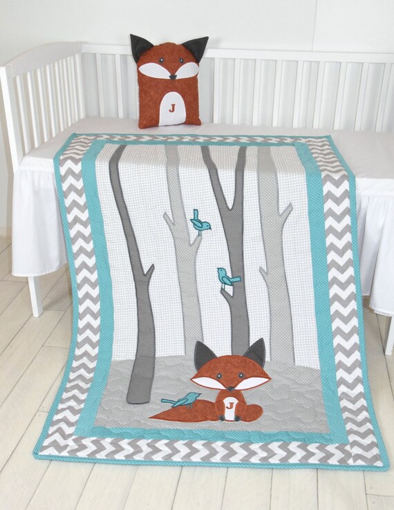 Fox Blanket, Teal Chevron Gray Nursery, Baby Boy Quilt, Woodland