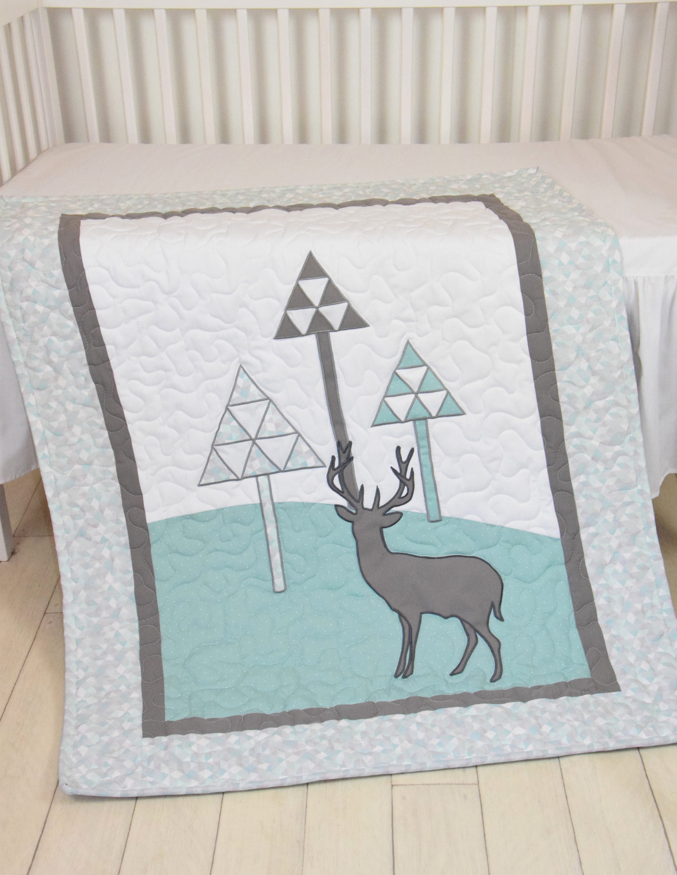 Mint Deer Baby Boy Blanket woodsy pine trees quilt gray Etsy