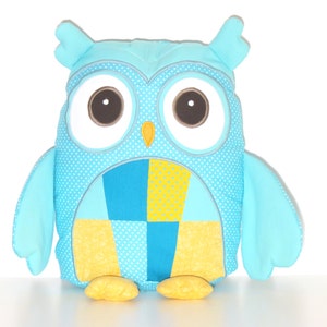 Plush Animal,  Plush Owl Pillow, Custom Owl Pillow Case and Cushion, Coastal Blue Yellow Nursery