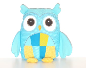 Plush Animal,  Plush Owl Pillow, Custom Owl Pillow Case and Cushion, Coastal Blue Yellow Nursery