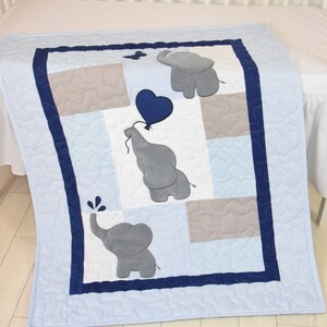 Baby Boy Quilt, Elephant Blanket, Blue Gray Navy Crib Bedding, Safari Nursery image 2