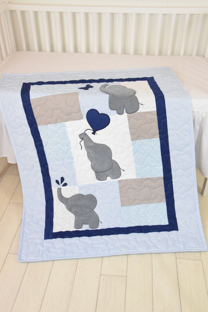 Baby Boy Quilt, Elephant Blanket, Blue Gray Navy Crib Bedding, Safari Nursery image 2