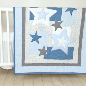 Star Baby Blanket, Blue Gray Quilt Blanket, Star Crib Bedding