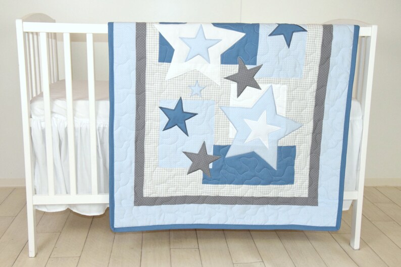 Star Baby Blanket Blue Gray Quilt Blanket Star Crib Bedding Etsy