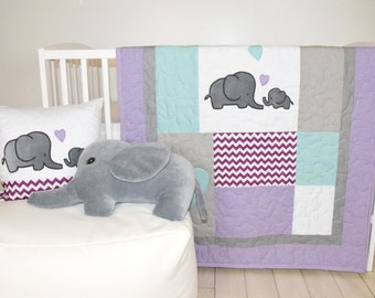 Elephant Baby Quilt,  Gray Purple Teal  Crib Bedding, Purple Chevron  Elephant Blanket,  Safari Nursery
