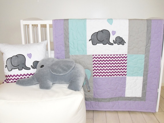 Elephant Baby Quilt Gray Purple Teal Crib Bedding Purple Etsy