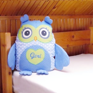 Stuffed Owl Pillow,  Personalized Owl,   Blue Polkadot Cotton Fabrics and Green Cotton Fabrics