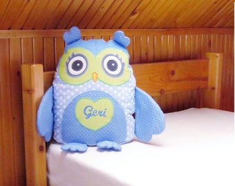 Stuffed Owl Pillow,  Personalized Owl,   Blue Polkadot Cotton Fabrics and Green Cotton Fabrics