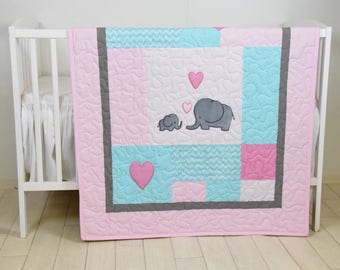 Elephant Baby Quilt, Mint Gray Pink Crib Bedding, Mint Chevron  Elephant Blanket, Grey Safari Nursery