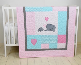 Elephant Baby Quilt, Mint Gray Pink Crib Bedding, Mint Chevron  Elephant Blanket, Grey Safari Nursery