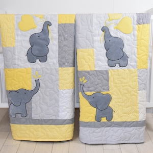 Twin Baby Quilts , Elephant Crib Bedding,  Yellow and Gray Blanket, Chevron  Blankets, Toddler Patchwork Bespreads