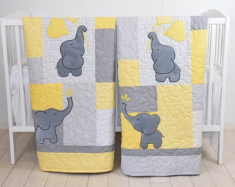 Twin Baby Quilts , Elephant Crib Bedding,  Yellow and Gray Blanket, Chevron  Blankets, Toddler Patchwork Bespreads