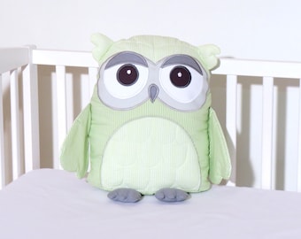 Handmade Large Owl Pillow, Plush Stuffed  Owl, Gray and Green