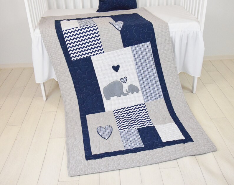 Elephant Baby Blanket Blue Gray Navy Quilt Crib Bedding Etsy