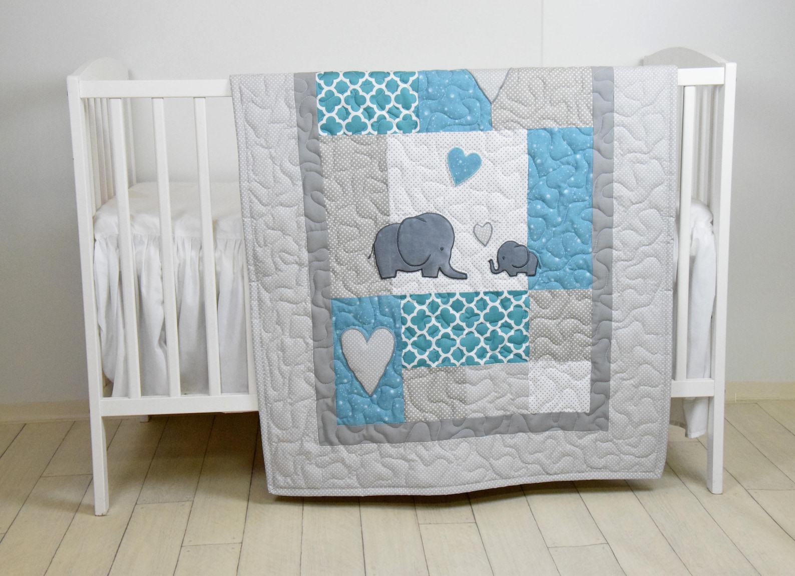 Elephant Baby Blanket Teal Gray Quilt Crib Bedding Elephant Etsy