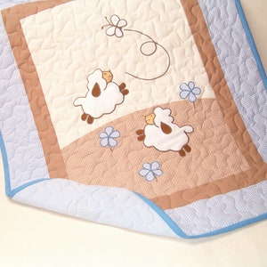Blue Blanket, Crib  Lamb Blanket, Quilt Blanket, Sweet Lambie Nursery Bedding, Sheep Baby Blanket