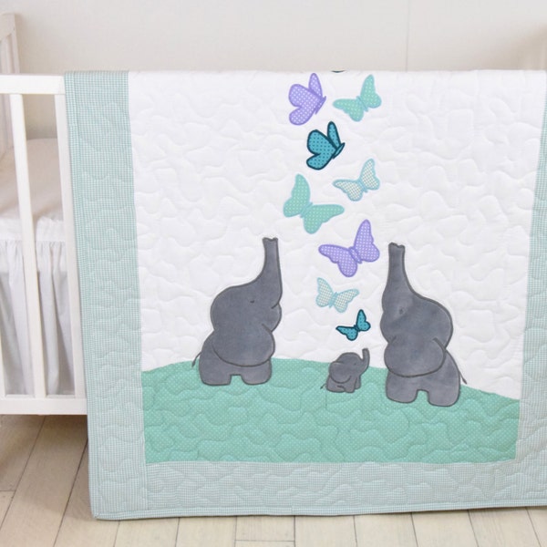Mint Baby Blanket, Teal Purple Gray Crib Bedding, Elephant Quilt, Safari Nursery