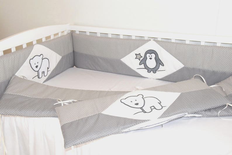 Crib Bumper Penguin Baby Boy Bedding Gray White Etsy