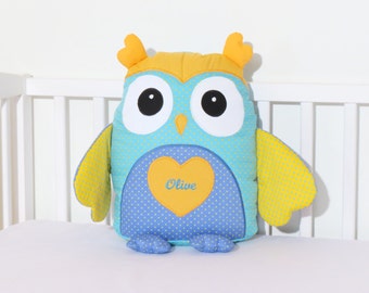 Custom Owl Pillow, Baby Toys,  Stuffed  Owl, Shower Gift Present, Turquoise and Yellow