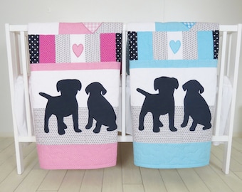 Puppy Baby Quilt, Dog Twin  Crib Bedding, Labrador Kids  Blanket,  Aqua  Dark Blue Gray and Pink , Patchwork Organic Infant Bedding