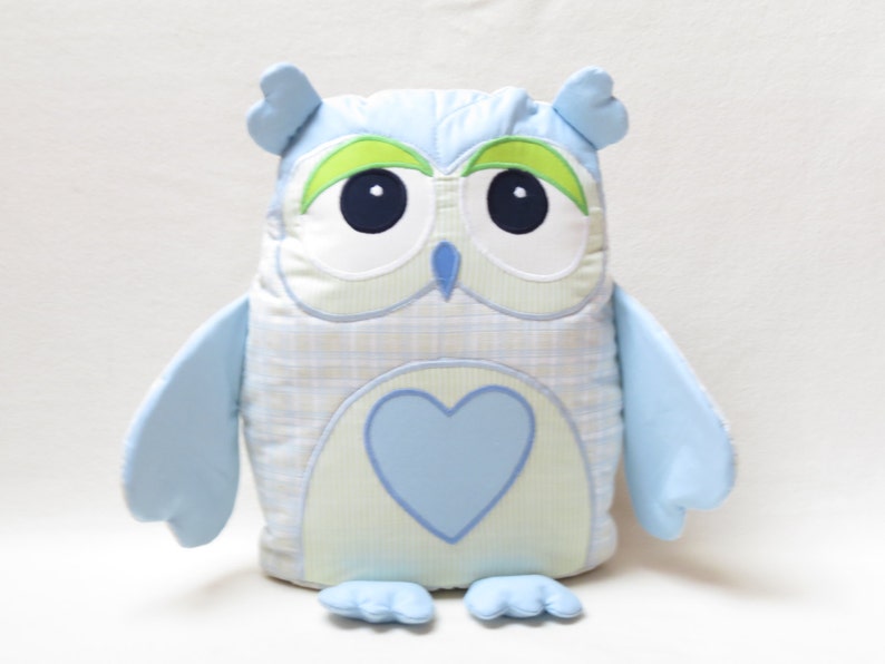 Decorative Owl, Stuffed Owl Pillow, Monogram Owl Pillow Case, Baby Blue and Lime Green Nursery image 2
