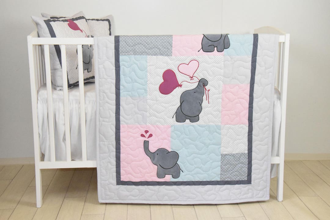 Baby Girl Blanket, Pink Gray Elephant Quilt, Blue Crib Bedding