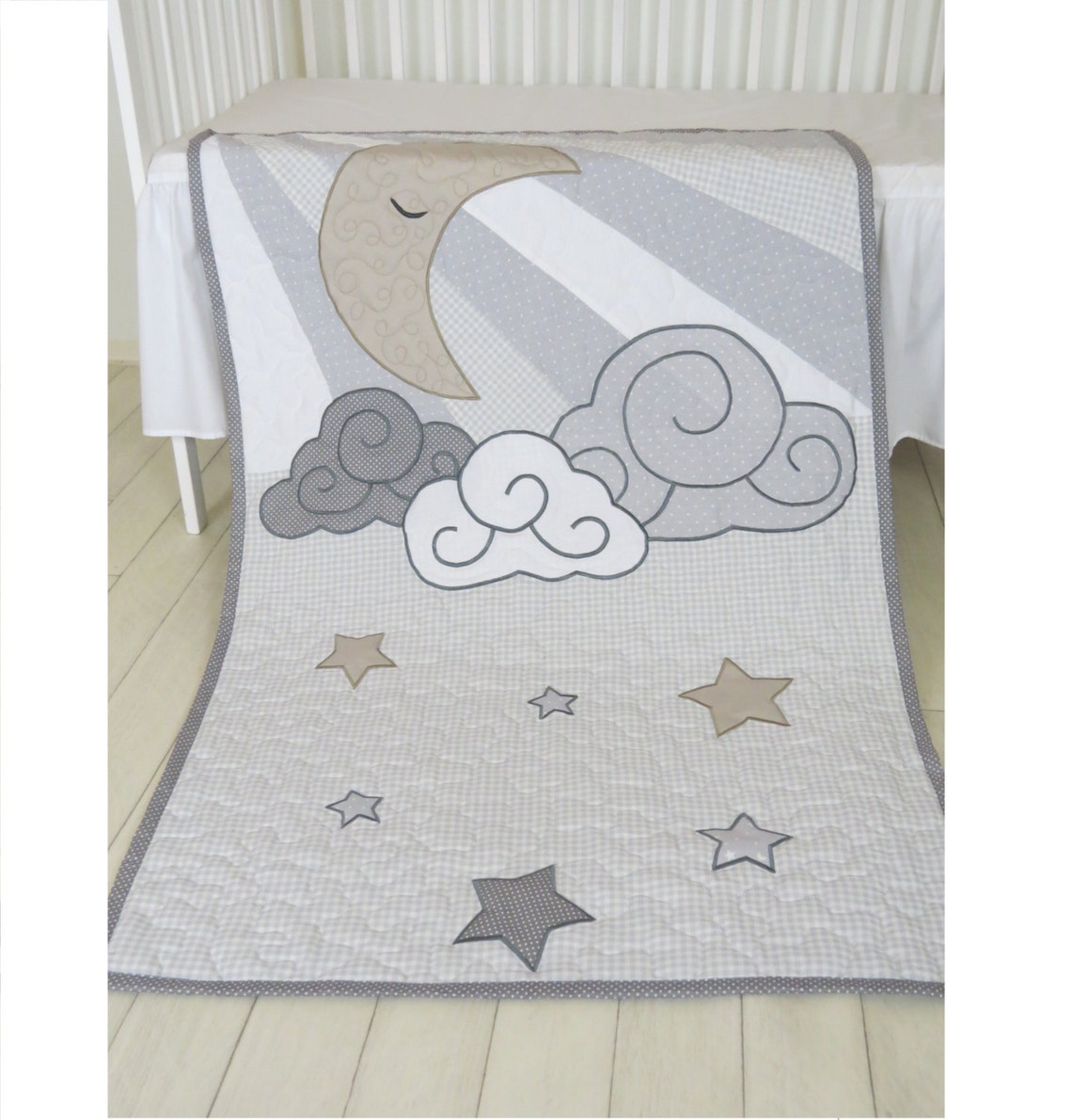 Cloud Boy Quilt Pastel Moon Baby Blanket Gray White Beige | Etsy